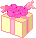 Pixelated gift box with pink bow and wings, yellow base with light brown sides, two states showing sparkles on the right side.