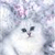 Pixelated close-up of a white cat's face with dark eyes and nose, pink ear accents, and light gray background.
