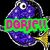 Pixelated fish with purple body, white outline, and yellow tail fin, overlaid with bright green rectangle containing pink text 'DORIE!!'