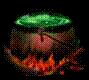 Animated sequence of a brown cauldron with green liquid, flames beneath, and green leaves on top, showing flame intensity changes.