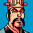 Pixelated 48x48 static icon of a historical figure with long black hair, mustache, and beard wearing a pink-and-white striped hat against solid blue background.
