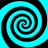 Four cyan and black spiral patterns arranged in a on a solid black background, each with alternating light and dark bands forming continuous swirls