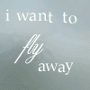 Animated sequence showing a landscape with mountains, water, and a flying object, overlaid with text "i want to fly away" in white serif and script fonts.