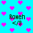 Pixelated cyan background with scattered pink hearts and repeated text "Roweh <3/8" in dark green.