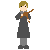 Pixelated character in dark robe holding brown object, standing against gray background with six variations showing subtle pose changes.
