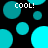 Pixelated teal circles and half-circles float on black background with "COOL!" text in white pixel font appearing four times.