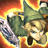 Pixelated image of a character with light brown hair and blue eyes wearing a green hat, set against an orange-yellow gradient background.