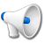 Pixelated white megaphone with blue accents on the handle and bell, set against a solid gray background.