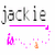 Pixelated icon with 'jackie' text above a pink underline, pink and orange pixel art below, two identical penguin images in black borders, and blue/purple text at the bottom.