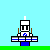 Pixelated character with white helmet and blue torso sits at desk with blue chair, light blue background, green ground line, and text labels below.