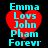 Four identical pixelated images of a red heart with cyan text reading "Emma Loves John Pham Forever" on a black background, arranged in a