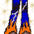 Pixelated animated contact sheet showing a character in blue pants with flame effects and text phrases "I am Free" and "Let's Party" across six frames.