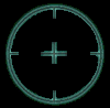 Four circular frames with teal crosshairs show sequential views of a figure in dark clothing holding a rifle, transitioning from black background to snowy landscape and white backdrop.