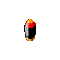 A sequence of five oval-shaped objects with black, red, and yellow coloration arranged in a pattern against a gray background
