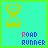 six cyan square with yellow hourglass icons and "ROAD RUNNER" text, below which a road scene shows black lines with yellow dashes and pink dots