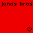 Red background with black pixelated text 'jonas bros' repeated twice at top and two pixelated heart symbols at bottom center and bottom right.