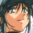 Anime-style character with dark hair and blue eyes, side profile facing right, on black background with white text.