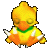 Pixelated yellow creature with orange lower body and green collar, shown in two side-by-side poses against gray background.