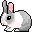 Pixelated bunny with gray and white fur, pink inner ears, black eyes, and a light brown nose in various poses on a solid gray background.