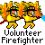 Pixel art of two firefighter figures in yellow uniforms with black helmets, standing side-by-side against a gray background with orange and green flame effects behind them.