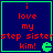 Four identical blue square with green borders display red text and a green Pac-Man icon, each showing 'i love my step sister kim!' with a green Pac-Man icon on the right side