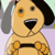 Pixelated cartoon dog with yellow fur, black nose, and bow tie standing against light purple background.