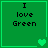 Green square with black text "I love Green" and four different heart symbols in each quadrant.