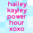 Pixelated text in pink lowercase letters on a light blue checkered background, repeating 'hailey kayley power hour xoxo' in two vertical