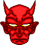 Red devil head with yellow eyes and two horns, rendered in pixel art style against gray background.