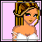 Pixel art contact sheet showing a female character's outfit and text in two frames with pink background.