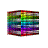 A 3x3 contact sheet of seven animated frames showing a rotating rainbow-colored cube with horizontal stripes, each frame displaying a different rotation angle against a gray background.
