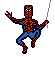 Pixelated Spider-Man icon in red and blue costume with white eyes, holding a web-shooter emitting green pixels.