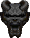 Pixelated devil head icon with large curved horns, closed eyes in first frame and glowing orange eyes in second frame.