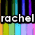 Pixelated text and colorful striped background with scattered dots, displaying 'rachel is better than u' in bold white letters.