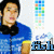 Pixelated image of a person in blue clothing with black collar, yellow sleeve accent, and dark hair against light background with color palette swatch.