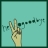 Pixelated hand making peace sign with teal background and partial text fragments.
