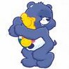 Blue cartoon bear with white heart on chest holds yellow star-shaped object near face, standing against white background.