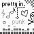 Pixelated graphic with text 'pretty in.' and 'punk' alongside musical symbols, a heart, an arrow, and audio equalizer bars on white background.