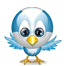 A blue and white cartoon bird with yellow beak and feet, shown in multiple poses across a