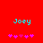 Red background with cyan "Joey" text and pink star-like symbols; left side shows five stars, right side shows four stars.
