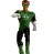Pixelated figure in green and black attire with one arm extended, standing against a solid gray background.