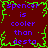 A static digital image with a dark red background, green pixelated border, and repeated blue text reading "spencer is cooler than desta" in four quadrants.