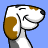 Pixelated dog head with white and brown fur, black outline, closed eyes, smiling mouth against solid light blue background.