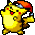 Pixelated yellow cartoon character with red cheeks, black-tipped tail, and orange-and-blue Santa hat in nine positions showing varied poses