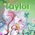 Green text reading 'Taylor' appears above a pixelated image of pink and white flowers with blue accents on a light green background.