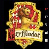 Gryffindor house crest with lion rampant, red and gold shield, and 'Gryffindor' banner, displayed in a with animated text changes