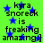 Green background with blue stars and black text reading 'kyra snoeck is freaking amazing:]'