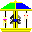Pixelated carousel with yellow poles and colored roof sections, featuring four distinct animal figures on rotating seats.