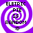 Four identical pixelated icons with purple and white spiral backgrounds display text: 'ELETRIC', 'PIE', 'IS', 'RANDOM', ':D' in black block letters.