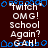 Pixelated text and blue decorative shapes on a dark brown background with repeated phrases.